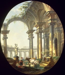 Hirten mit Tieren in einer klassischen Landschaft